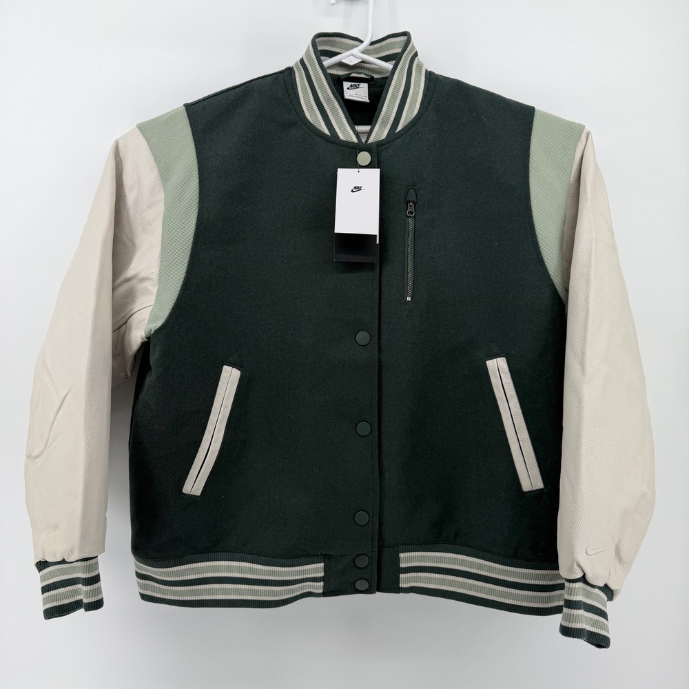 NWT Nike Destroyer Varsity Bomber Jacket Leather Green Cream $500 Retail Wmns L - Picture 2 of 16